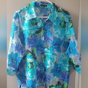 Notations Blue and Green Sheer Floral Shirt 3/4 Sleeves.Sz XL